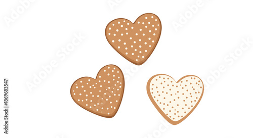 Three heart-shaped gingerbread cookies with white icing dots arranged on a plain white background for Valentines Day celebration.