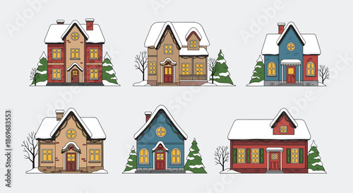 Charming winter village scene with various houses covered in white snow and surrounded by pine trees under a grey sky.