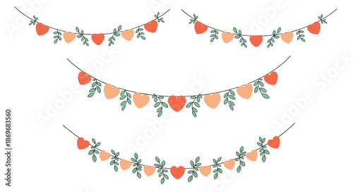 Three rows of festive heart garlands with peach and red hearts mixed with green leaves for romantic event decoration ideas.