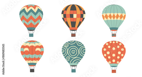 Group of six colorful hot air balloons with different geometric patterns like chevrons, polka dots, and swirls on white background.