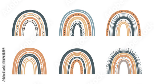 Set of six hand-drawn rainbows in muted earth tones and blue with various patterns like dots and lines in boho style.