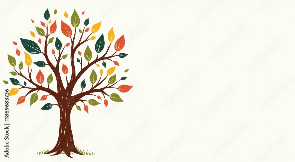 Fototapeta premium Tree with many leaves on it and a bird sitting on the branch genealogy tree concept copy space