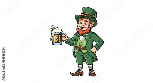 Jolly cartoon leprechaun in a green suit and hat holding a large frothy mug of beer for St. Patrick's Day celebration.