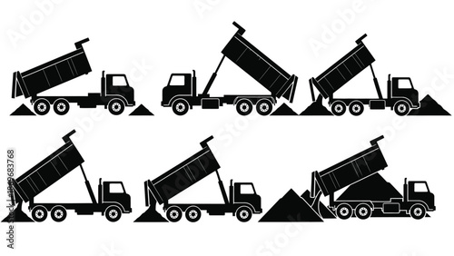 Silhouette illustrations of dump trucks in various stages of operation