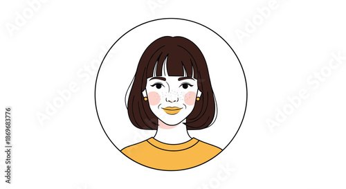 Close-up avatar of a smiling woman with a dark brown bob haircut, freckles, and yellow lipstick in a white circle.