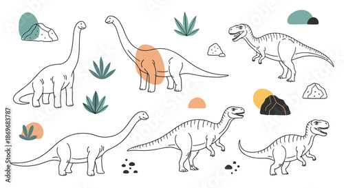 Educational set of various dinosaur illustrations including long-necked sauropods and fierce carnivores with abstract shapes.