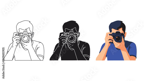 Photographer taking a picture with a dslr camera, three styles outline, silhouette, and full color illustration