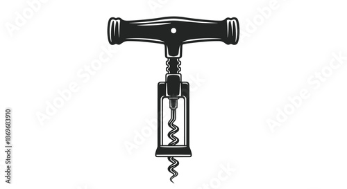 Vintage black and white illustration of a classic T-handle wine corkscrew with a metal worm for opening bottles of alcohol.