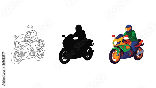 Set of three motorcycle illustrations outline, silhouette, and full color vector graphic of rider sport bike