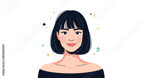 Beautiful portrait of a smiling young woman with short black hair and bangs is decorated with colorful abstract shapes in the background.