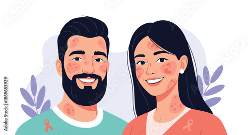 Smiling man and woman with skin rashes and medical ribbons on their clothing for an awareness campaign about skin health or cancer.