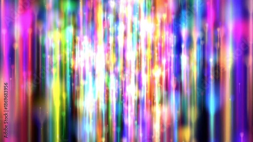 Colorful rainbow light streaks and glowing bokeh particles moving vertically for festive party background