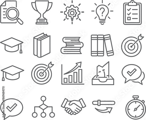 Black line icons for education, achievement, and productivity including books, checklist, trophy, and innovation, isolated on white background