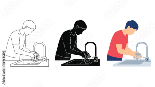 Set of three illustrations showing a person washing hands at a sink in different styles outline, silhouette, and color vector graphic