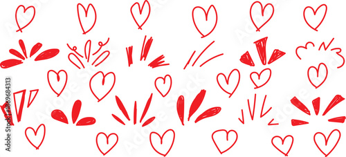 Comic burst doodles. Line twinkle icon with manga.Collection of hand-drawn red hearts and decorative elements for love and celebration