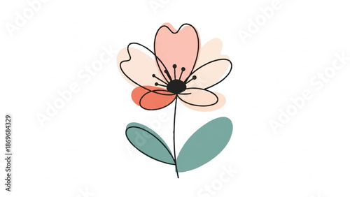 A simple illustration of a flower with leaves and petals in various pastel colors
