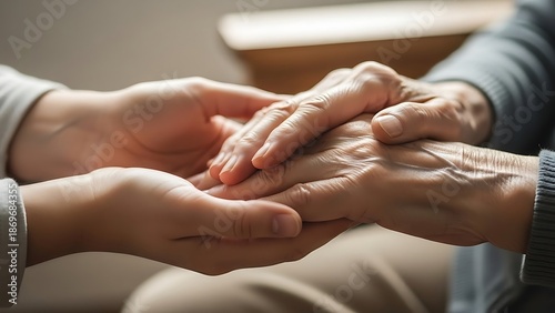 Close-up of a younger hand gently holding an older persons hand, symbolizing care and support.