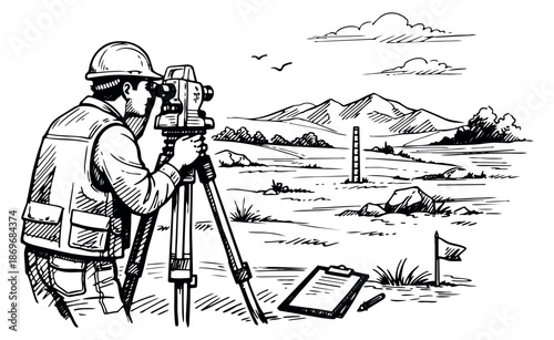 Hand drawn line art illustration of a land surveyor depicting a professional using a total station for land surveying