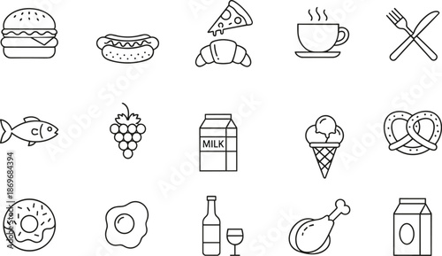 Black line icons for food and drink including fast food, beverages, desserts, and meals, isolated on white background for culinary design
