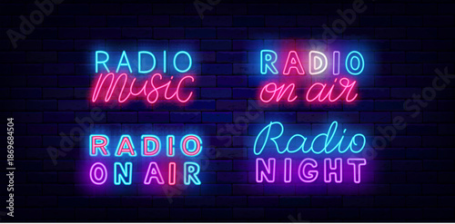 Radio neon labels collection. Music night on air and podcast stream. Online streaming. Event design. Glowing banner. Colorful typography. Vector stock illustration