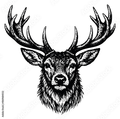 Hand drawn illustration of a stag head depicting impressive antlers for wildlife and hunting designs