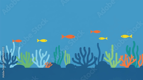 Underwater scene with colorful fish and coral reefs viewed from a distance