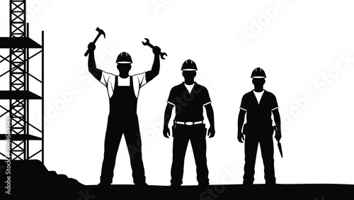 Construction worker silhouettes holding tools at building site, industrial labor strength, professional teamwork, black vector illustration isolated on white background