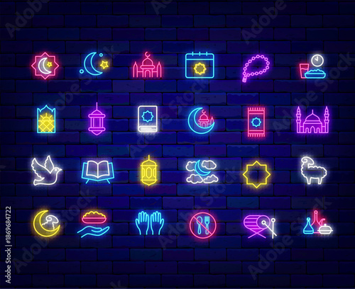 Iftar dinner and Ramadan Kareem neon badge. Lantern and mosque. Lamb and dove. Eid al Adha. Cafe, restaurant plates. Muslim religion. Glowing banner. Editable stroke. Vector stock illustration