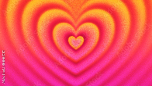Vibrant pink orange heart waves with glowing gradients and expressive grainy texture created from thousands of individual dots. Valentine’s Day background radiating warmth, passion and joy. Vector