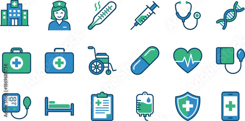 Black line icons for healthcare and medicine including hospital, syringe, glucometer, and stethoscope, isolated on white background