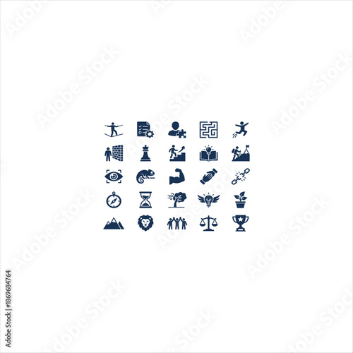 A comprehensive set of business strategy and personal development icons representing challenges and achievements