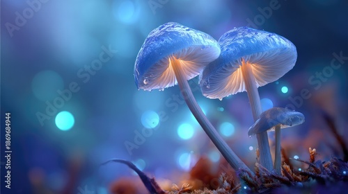 Mystical Glow of Magic Mushrooms: Illuminate your creative projects with this enchanting image, showcasing the soft, ethereal glow of magic mushrooms.