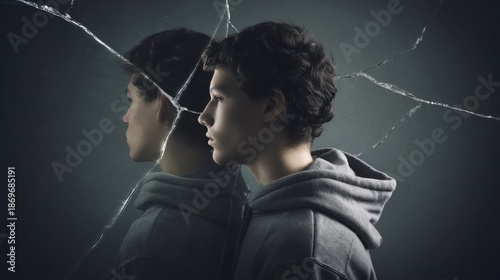 Teenager standing in front of mirror with cracked reflection effect created by light and shadow, symbol of damaged self esteem due to bullying, dark