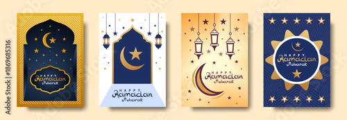Set of happy ramadan mubarak minimalist vector posters, flyers, invitations cards and holiday covers