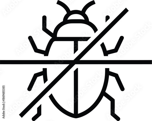 A simple black and white illustration of a bug with a diagonal line through it