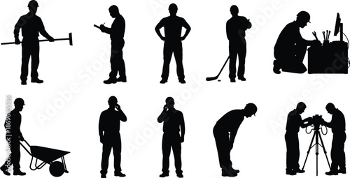 Industrial worker silhouettes collection with tools, construction labor roles, factory maintenance jobs, professional workforce vector icons isolated on white background