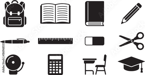 Collection of school supplies and stationery icons backpack, book, pencil, pen, ruler, eraser, scissors, calculator, desk, graduation cap, and bell
