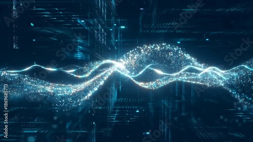Abstract digital wave animation with glowing particles and data streams. Represents technology, innovation, and futuristic concepts