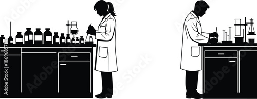 Laboratory scientist silhouettes conducting experiments, chemical research work, pharmaceutical analysis, black vector illustration isolated on white background, medical science concept