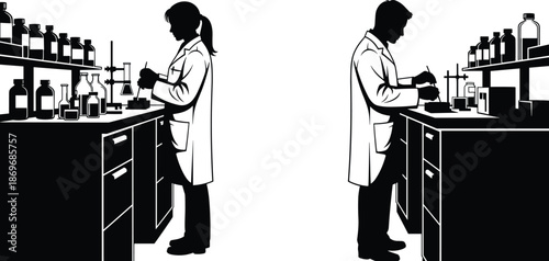 Laboratory scientist silhouettes working with chemical equipment, medical research analysis, pharmaceutical testing, black vector illustration isolated on white background
