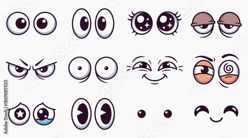 Flat Cartoon Eye Vector Set with Cute Expressions and Various Shapes for Animation and Character Design