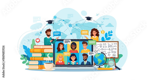 Online learning illustration with diverse students and teacher on laptop screen surrounded by books graduation caps and educational icons for e learning and remote