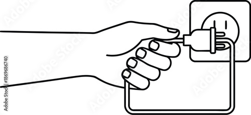 A hand plugging an electrical plug into a wall outlet in a simple line drawing