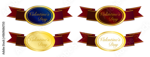 クラシックな横長リボンにゴールドメダルを配置した、ギフト向けバレンタインデー装飾バッジ