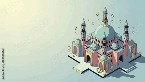 An illustrative isometric view of a mosque, portraying cultural and architectural beauty. Its detailed design and colorful features evoke a sense of tranquility and spiritual significance