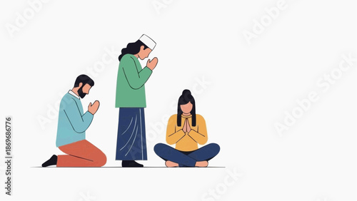 Three individuals in prayer, engaged in moments of peace and spiritual connection. A scene of devotion.