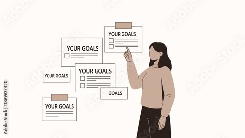 Woman pointing at checklist of goals on wall, planning and setting objectives