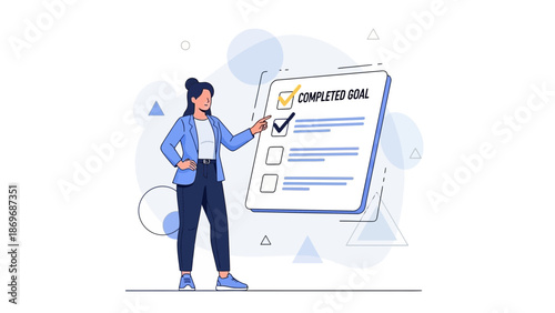 Woman pointing at completed goal checklist, business success concept illustration