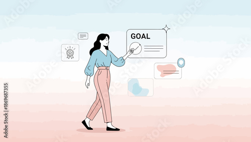 Woman points to goal on digital board, business strategy and planning concept illustration