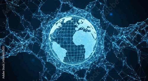 Global network connections surround the earth with a grid pattern on a dark blue background with light blue lines with technology and cyber and digital